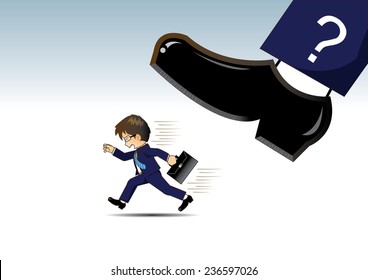 Businessman running away from Very big shoes