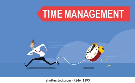 Businessman running away with watches tied to his leg. Time pressure, stress, overworked and deadline concept. Vector