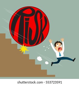 Businessman running away the word risk in the shape of ball, vector illustration cartoon