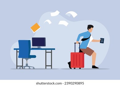 Businessman running away from work for a vacation