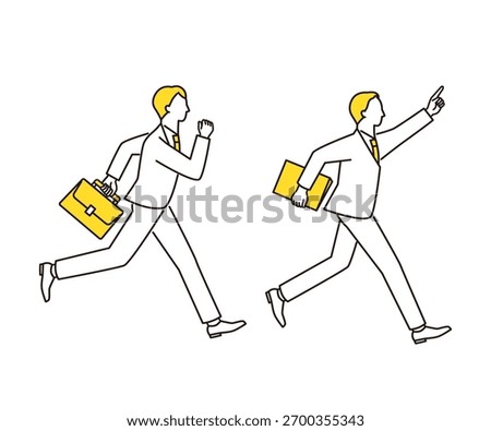 Businessman running with a bag and documents. Line drawing.