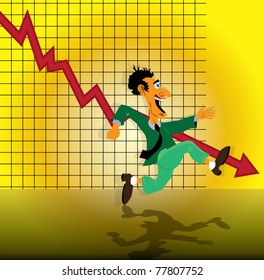 Businessman running with bar on a declining graph in background