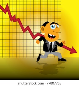 Businessman running with bar on a declining graph in background