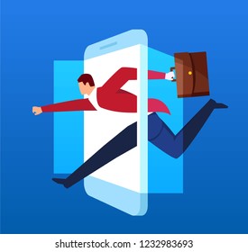 Businessman running between mobile phone