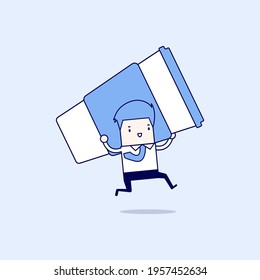 Businessman running with big cup of coffee. Coffee break. Cartoon character thin line style vector.