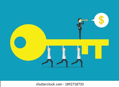 Businessman running with big key, Vector illustration in flat style