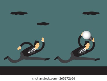 Businessman running with a big light bulb, a symbol to represent ideas, and his rival trying to catch up. Vector illustration for business concept and metaphor.