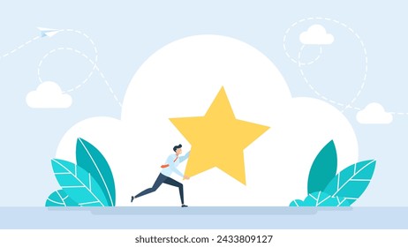 A businessman is running with a big star in his hands. The concept of success, leadership, victory. Businessman hold a big gold star. Victory, rating. Vector, illustration