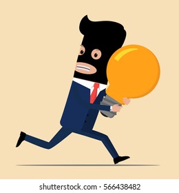 Businessman running in a black mask holding a light bulb. The concept of stolen ideas, piracy, plagiarism