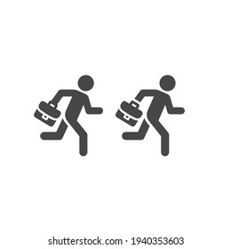 Businessman running black vector icon. Person with briefcase glyph symbol.