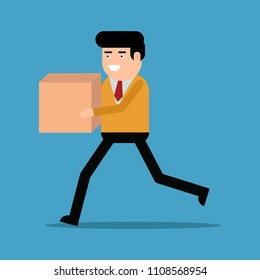 Businessman running with box, isolated on blue background
