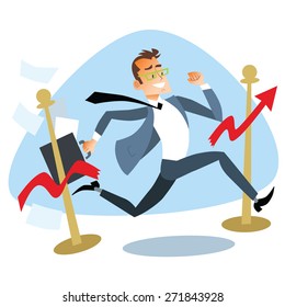 Businessman running breaks the finish tape graph of sales. The theme of the competition business concept