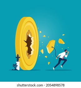 Businessman running breakthrough to dollar coin money, Financial freedom vector concept