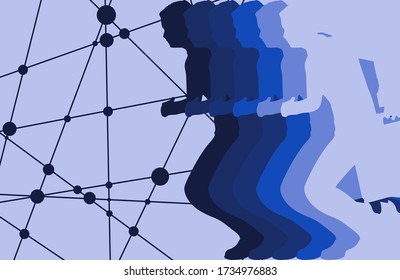 Businessman running with briefcase. Abstract illustration. Modern lifestyle metaphor. Teamwork and communication concept. Connected lines with dots.