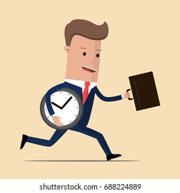 Businessman running with briefcase and clock, business energetic, dynamic and speed concept. Vector illustration