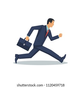 Businessman running with briefcase. Dynamic business concept. Late for work. Successful man in a suit run for work. Vector illustration flat design. Isolated on background. Business people.
