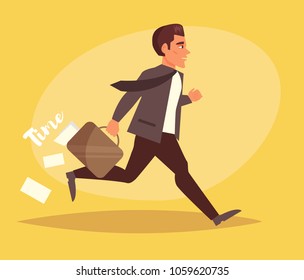 Businessman running with briefcase and papers Vector. Cartoon. Isolated art on white background. Flat