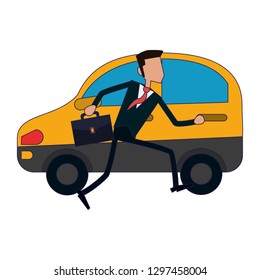 businessman running with briefcase taking taxi blue lines