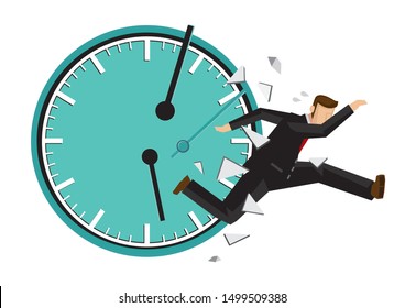 Businessman running with a broken clock behind. Concept of time management or urgency. Flat isolated vector illustration.  