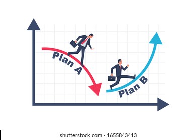 Businessman running business graph on up and down. Business metaphor. Plan A and plan B. Vector illustration flat design. Success solution and failure.