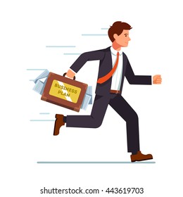 Businessman running with business plan in his suitcase. Hurrying fast with his ideas to an investor meeting. Flat style vector character illustration.