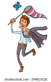 Businessman running with butterfly net chasing butterfly which is flying in the air
