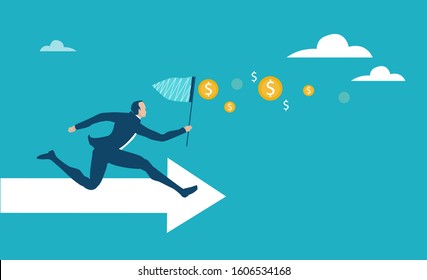 Businessman running with the butterfly net in hope to catch more money and better opportunity in life. Business concept illustration