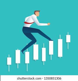 Businessman running with candlestick chart background, concept of stock market, vector illustration 
