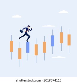Businessman running with candlestick chart background, concept of stock market, Flat vector template Style Suitable for Web Landing Page.