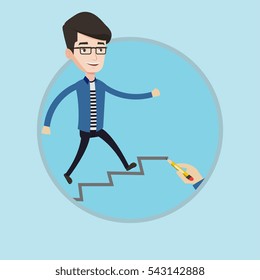 Businessman running up the career ladder drawn by hand. Happy businessman climbing the career ladder. Concept of business career. Vector flat design illustration in the circle isolated on background.