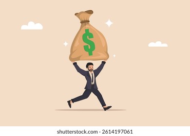 Businessman Running carry with Giant Money Bag Cartoon Style Vector Illustration of Financial Success and Wealth