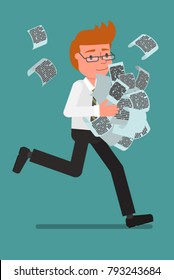 The businessman is running, carrying a pile of paper documents. Vector illustration. Flat design style. Suitable for animation (individual segments)