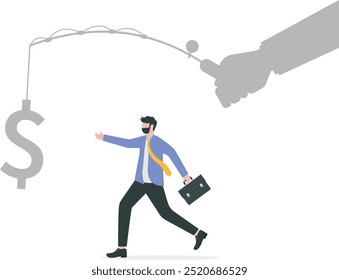 Hombre de negocios corriendo atrapar un dólar colocado en un gancho, ilustración de concepto de ingreso activo.
