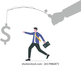 businessman running catch a dollar placed on a hook ,active income concept illustration.

