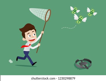 Businessman was running to catch the flying money and not aware of dangerous traps ahead, Cartoon vector illustration