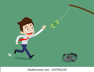 Businessman was running to catch the money above his head and not aware of the traps that lie ahead, Cartoon vector illustration