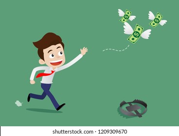 Businessman was running to catch the money above his head and not aware of the traps that lie ahead, Cartoon vector illustration