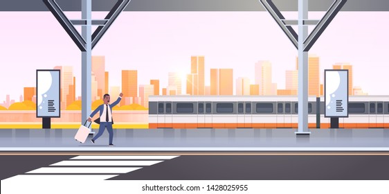 Businessman Running To Catch Train African American Business Man With Luggage On Railway Station City Public Transport Male Cartoon Character Cityscape Background Full Length Horizontal Banner