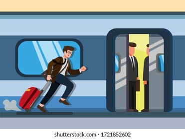 Businessman running to catch train office man with luggage on railway station city public transport. cartoon flat illustration vector isolated in white background