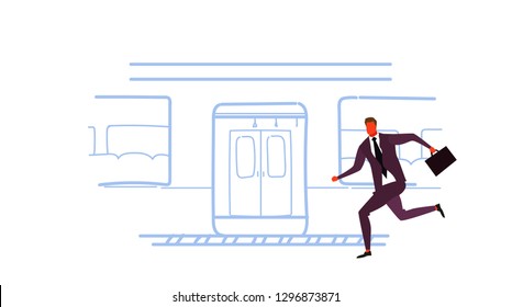 businessman running to catch train subway city public transport underground tram sketch doodle male cartoon character full length horizontal