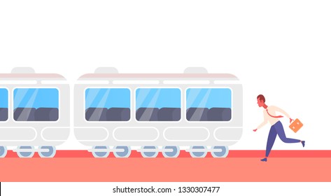 businessman running to catch train subway city public transport underground tram hurry up late concept male cartoon character full length horizontal