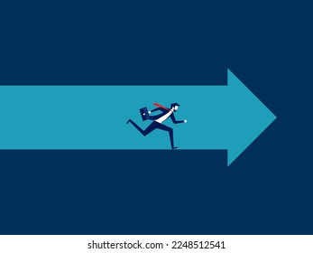 Businessman running in a cave with arrows leading the way. business solution