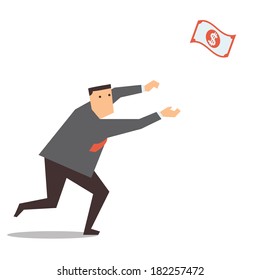Businessman running and chasing money that representing with dollar banknote flying in the air, making money concept. 