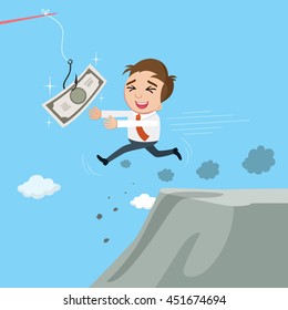 Businessman running chasing money trap to the mountain cliff, vector illustration cartoon