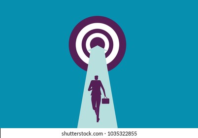 Businessman running and choice directions. Vector illustration decision business concept.