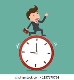 Businessman running with clock. Business time concepts.Vector illustration.