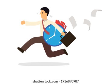 Businessman running with a clock and flying documents isolated on a white background. Business concept vector illustration.