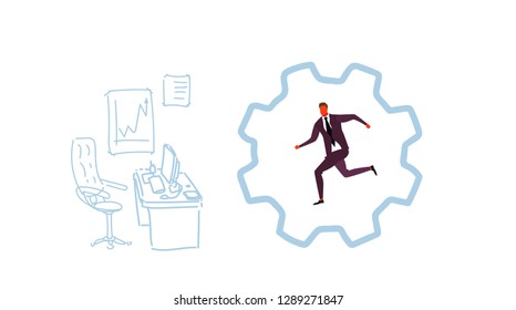 businessman running cog wheel deadline hardworking process concept business man inside corporate machinery gearwheel office interior sketch doodle horizontal