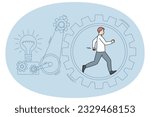 Businessman running in cogwheel generating creative business ideas. Man walk hurry in gear producing project startup or innovation. Motivation and hard work. Vector illustration.