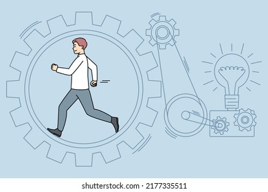 Businessman running in cogwheel generating creative business ideas. Man walk hurry in gear producing project startup or innovation. Motivation and hard work. Vector illustration. 